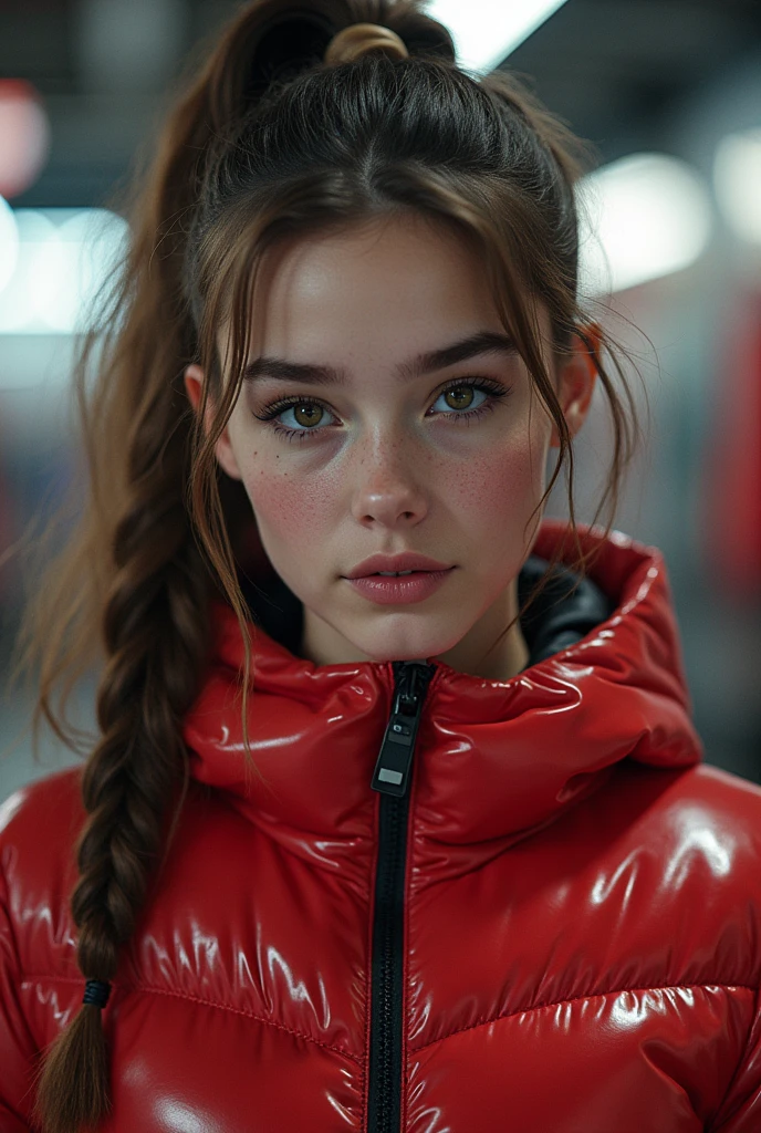a slim ponytail 16 year old girl and her bestie,beautiful detailed eyes,beautiful freckles,beautiful detailed lips,extremely detailed eyes and face,longeyelashes,in beautiful detailed hooded formfitting duvetica overfilled shiny super gleamy super thick glossy fully-unzipped puffer jacket covering her zipped super padded skisuit,latex stirrup legging,symmetrical,standing in a pufferstore,masterpiece,cinematic,lifelike,hyperrealistic,8k,photorealistic,highly detailed,intricate,exquisite,elegant,beautiful,stunning
