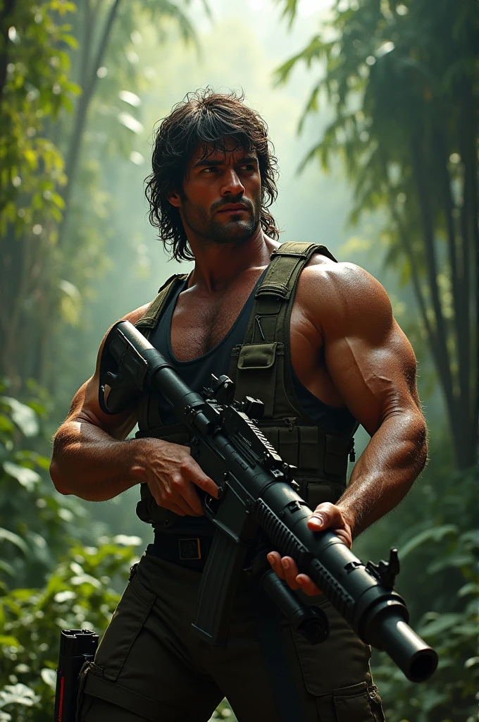 Rambo with the machine gun in the jungle