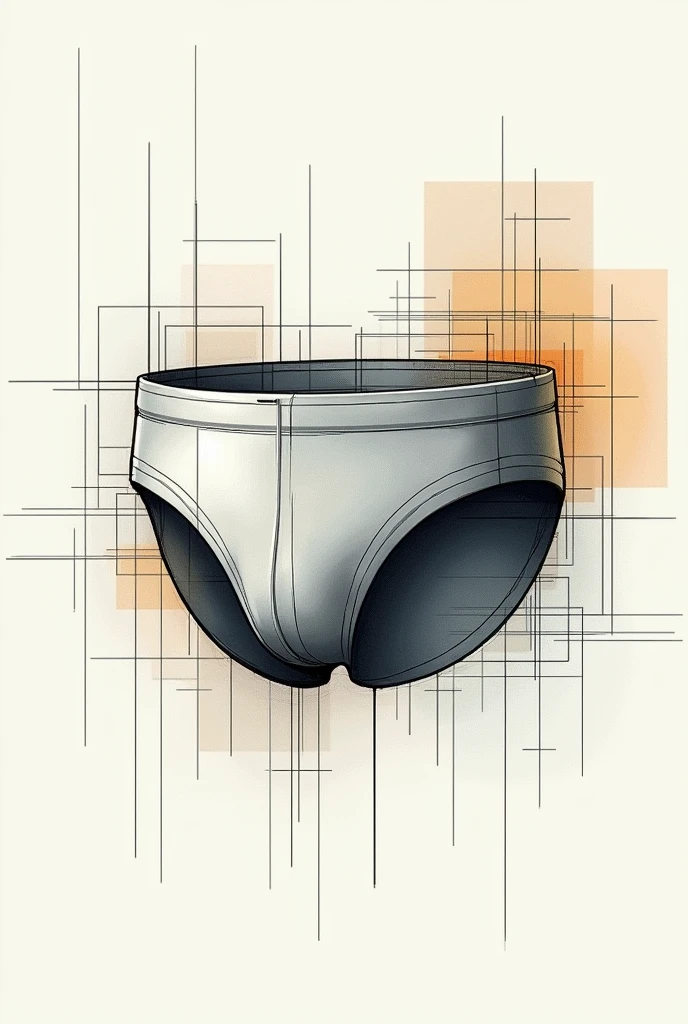 Technical sketch of ( men's trunks underwear ) design with clear perspective lines, showing detailed structure. Emphasize the technical nature of the sketch with structural lines, and add subtle overlays of color to highlight specific parts. The overall style should combine technical drawing with industrial design elements.