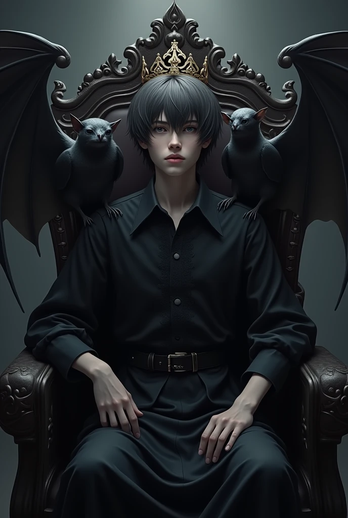 Young king with crown short hair, black dress, sitting in his chair with two bats on each shoulder. Let it be noticed from the waist up