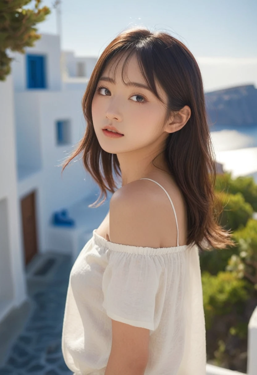 prompt: Over-the-shoulder shot, Photo of super cute 20 year old Japanese supermodel, eye level shot, taken from about 1m away from them, daytime, background: Santorini, ultra realistic, realistic skin texture, natural look, vibrant sunlight highlighting features, HD quality, natural look --ar 2:3 --style raw --v 6.1