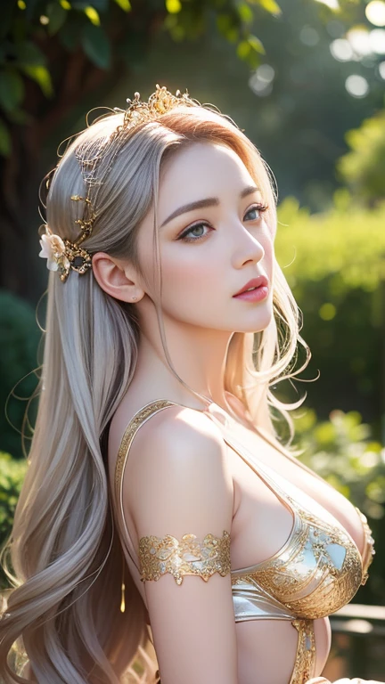 Attractive mature woman and delicate silver long hair、Beautiful eyes ,Beautiful lips with transparency cut-out white latex robe with beautiful round chest exposed, chest press together ,Gold and Jewel ,No bra, hip up , pose from various angle , outdoor, Beautiful Victorian garden style, bokeh background , Dramatic lighting