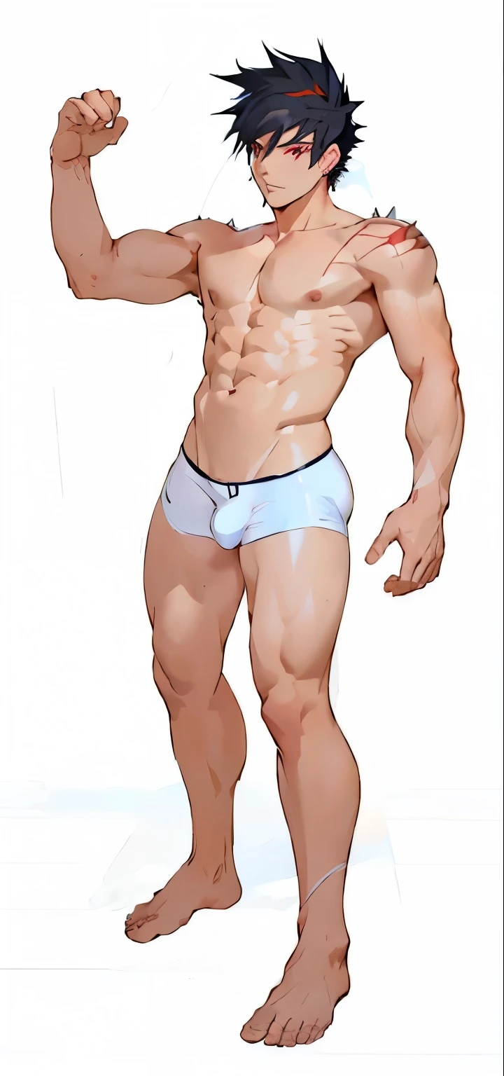 Anime man in white underwear standing with his hands on his hips, realistically proportioned body, male body, whole body highly detailed, proper human male proportions, complete body view, full character body, masculine proportions, centered full body rear-shot, realistic body proportions, realistic anatomical proportions, male aeromorph, detailed body shape, spiky anime hair, black hair, red eyes, bara,