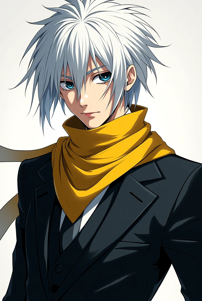Chrollo Lucifer from Hunter X Hunter, with white hair and dark blue eyes, make him with a neutral face, make the drawing in manga style, make him in a sideways pose, don't forget to make his eyes a very dark blue , and the outfit with an elegant black suit and a yellow scarf.