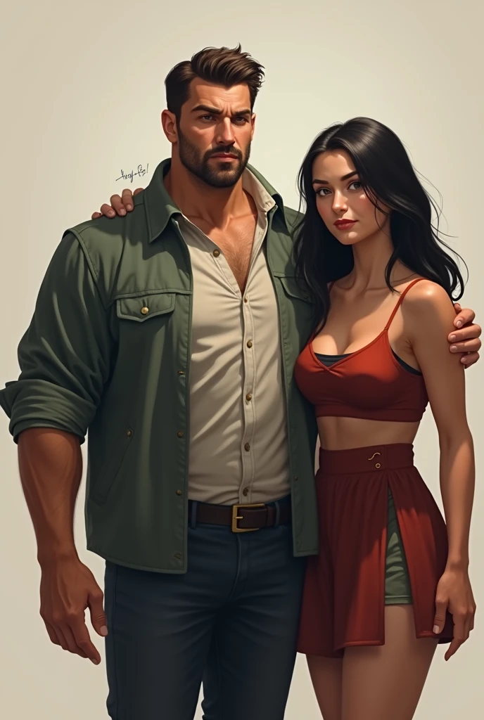 Create a somewhat robust man with 1 buttoned clothing.90 with brown hair approximately 25 with his student with a thin but athletic body with black hair aged 20
