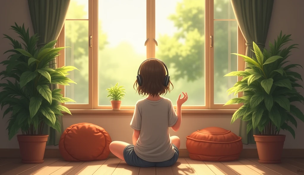 With headphones, Opening a window, room, Quiet atmosphere, Soft sunlight, Cozy atmosphere, Relaxing Music, Calm expression, Eyes closed, Comfortable seats, Wooden floor, Green plants, Natural wind, Calming vibrations, Soft rays of light, Quiet environment, Silence, Harmony, Tranquility, Deep relaxation, Calming colors, Positive Energy, Tranquility, Escape from the outside world、high school girl、Looks sleepy