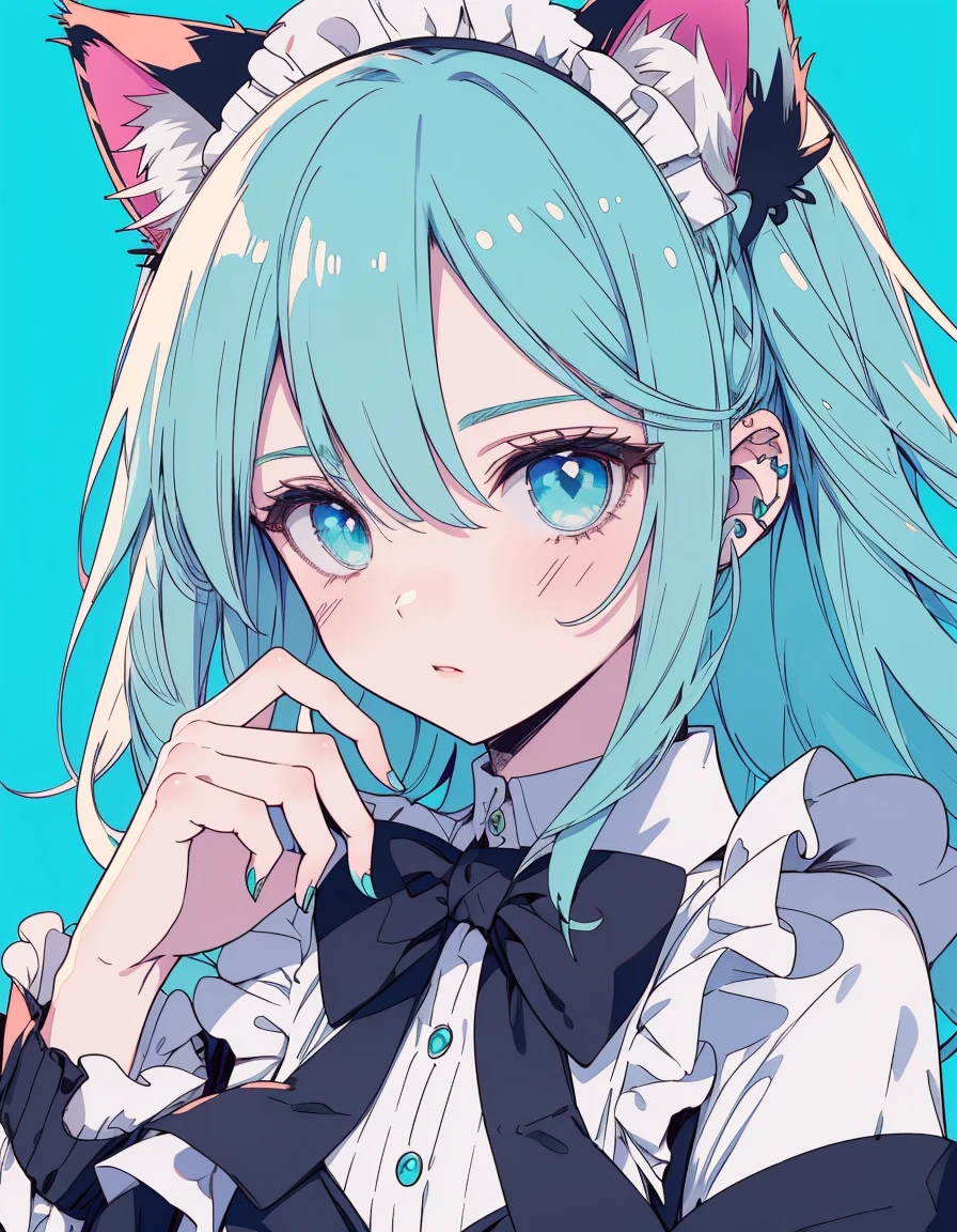 shaded face, jitome, midriff, tattoo, maid, ((masterpiece, best quality:1.5)), ((Beautiful detailed cat aqua eyes:1.2)), cat ears, pale skin, medium breasts, beautiful hands, beautiful fingers, EasyNegative