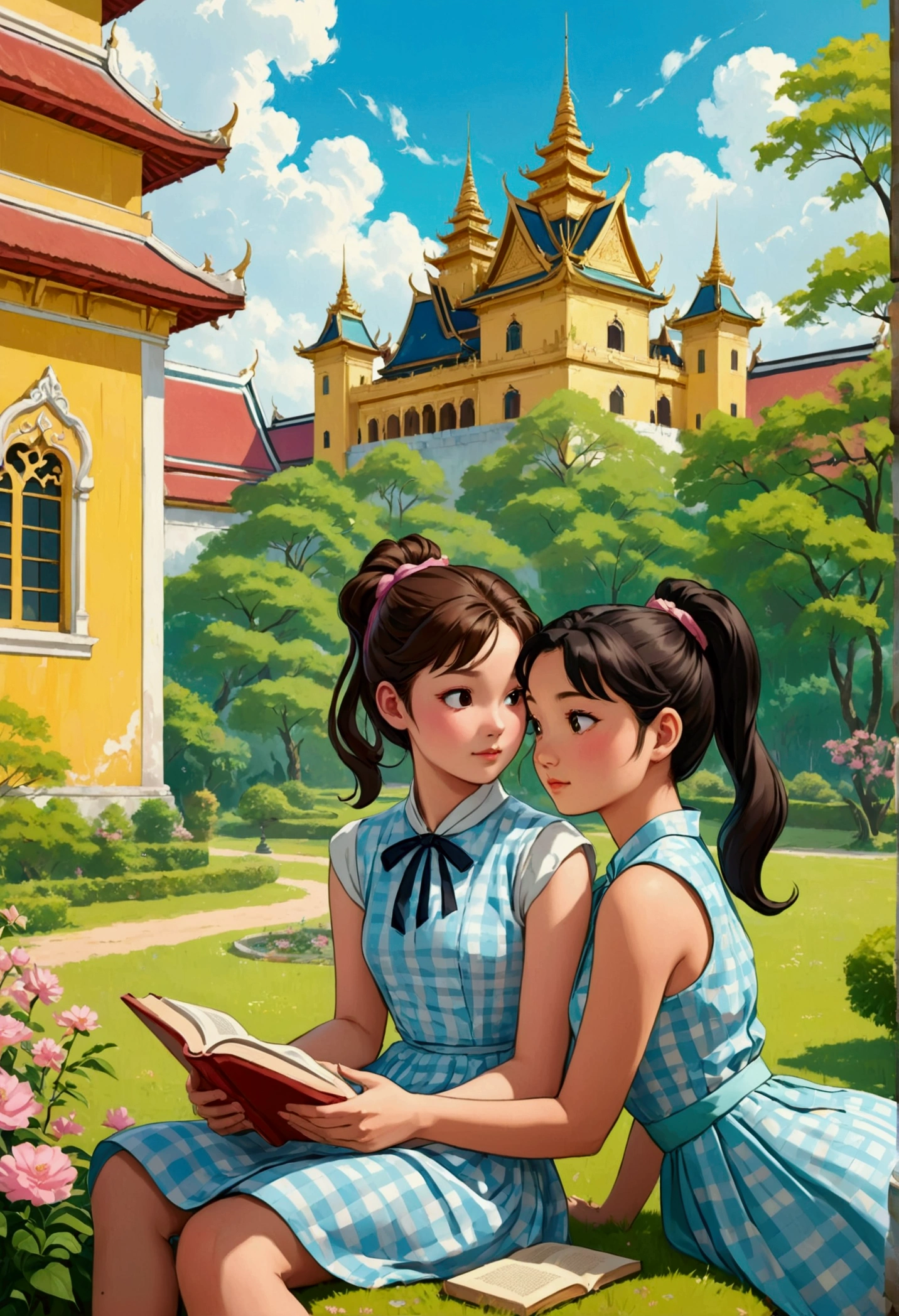 Create an idyllic image in Anime style of two young girls between 14-16 years old, dressed in 50s style. One a British, with brown hair tied in a ponytail, dressed in a light blue checkered dress who is lying on the other girl's shoulder, an Asian with black hair tied in two ponytails and who is dressed in a simple pink dress and who is reading a book. The image overflows with tenderness and complicity between these young women who are in love. They are in a beautiful flowery garden with a beautiful Thai-style castle with yellow walls and green painted windows, enjoying their moment together