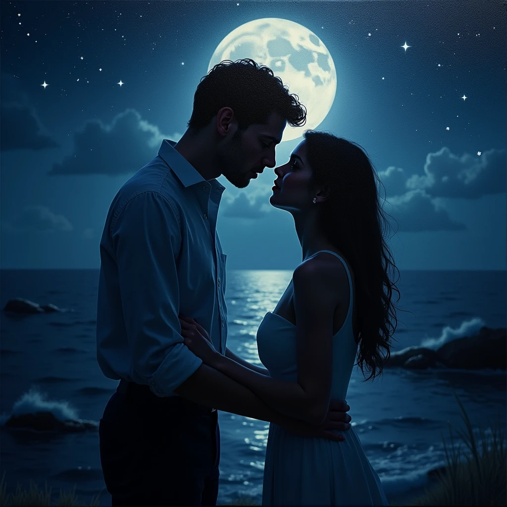 A romantic moonlit night confession,beautiful detailed eyes,beautiful detailed lips,shadowy figures,soft moonlight,whispered words,sparkling stars,medium:oil painting,(best quality,4k,8k,highres,masterpiece:1.2),ultra-detailed,(realistic,photorealistic,photo-realistic:1.37),impressionism,vivid colors,subtle lighting