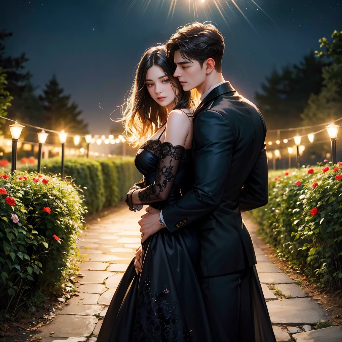 Night Flower Garden，Tyndall Light，Couple hugging from behind，Black Short Hairstyles for Boys，handsome，A young woman with long, wavy black hair，black dress,footpath ,The lights are dim.,Half body 4k
