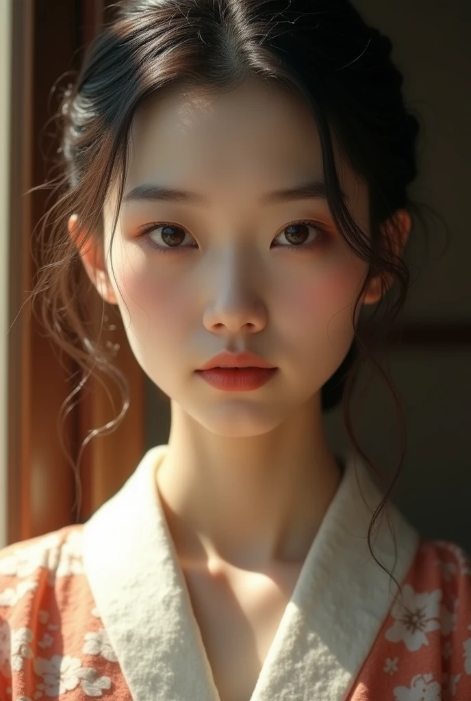 An elegantly dressed Japanese woman in natural light、A close-up of her chest and calm expression.、It shows her inner peace and outer charm.。