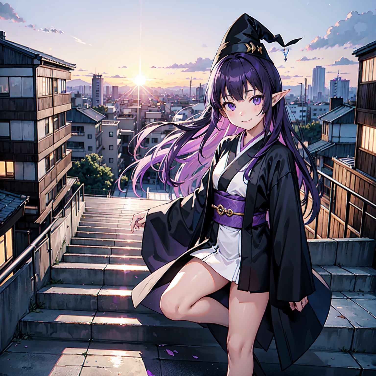 A girl with long violet-purple hair. Pointy elf ears. Her clothes are simple: a black robe with wide sleeves and a black miniskirt. Her knees are showing. The front has a V-shaped white insert like a kimono. A big smile. A witch's hat with purple ribbons on either side. Gentle face. Background, bright painting, Makoto Shinkai, floating apartment, floating in air, abandoned apartment complex above clouds, empty stairs, illustration, nostalgic, vivid, background only, bright, fresh, stairs, sunset.