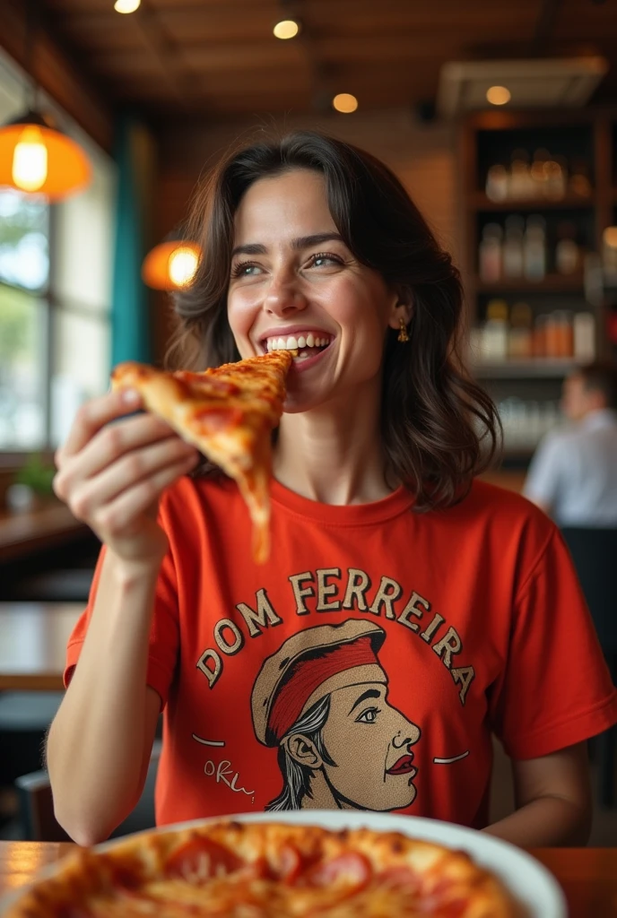 create the image of a happy woman wearing the DOM FERREIRA shirt, eating a slice of pizza