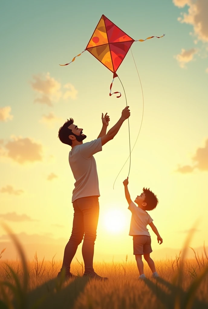 Make a picture of me and my father flying a kite in the late afternoon