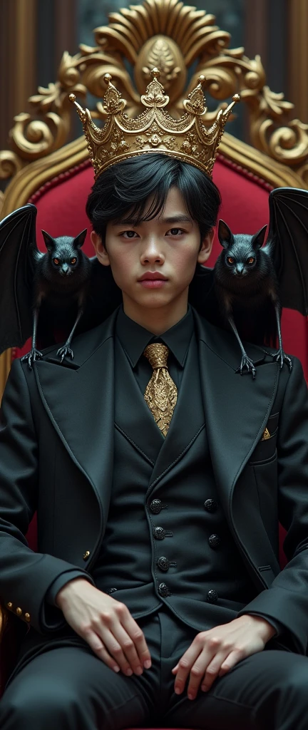 Young king with crown short hair, black dress, sitting in his chair with two bats on each shoulder. realism