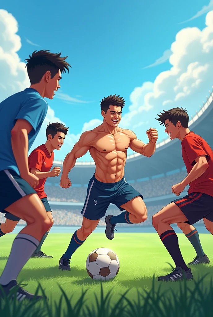 Asian football player play rondo and the player who are in the middle has no shirt. So his friend laugh at him