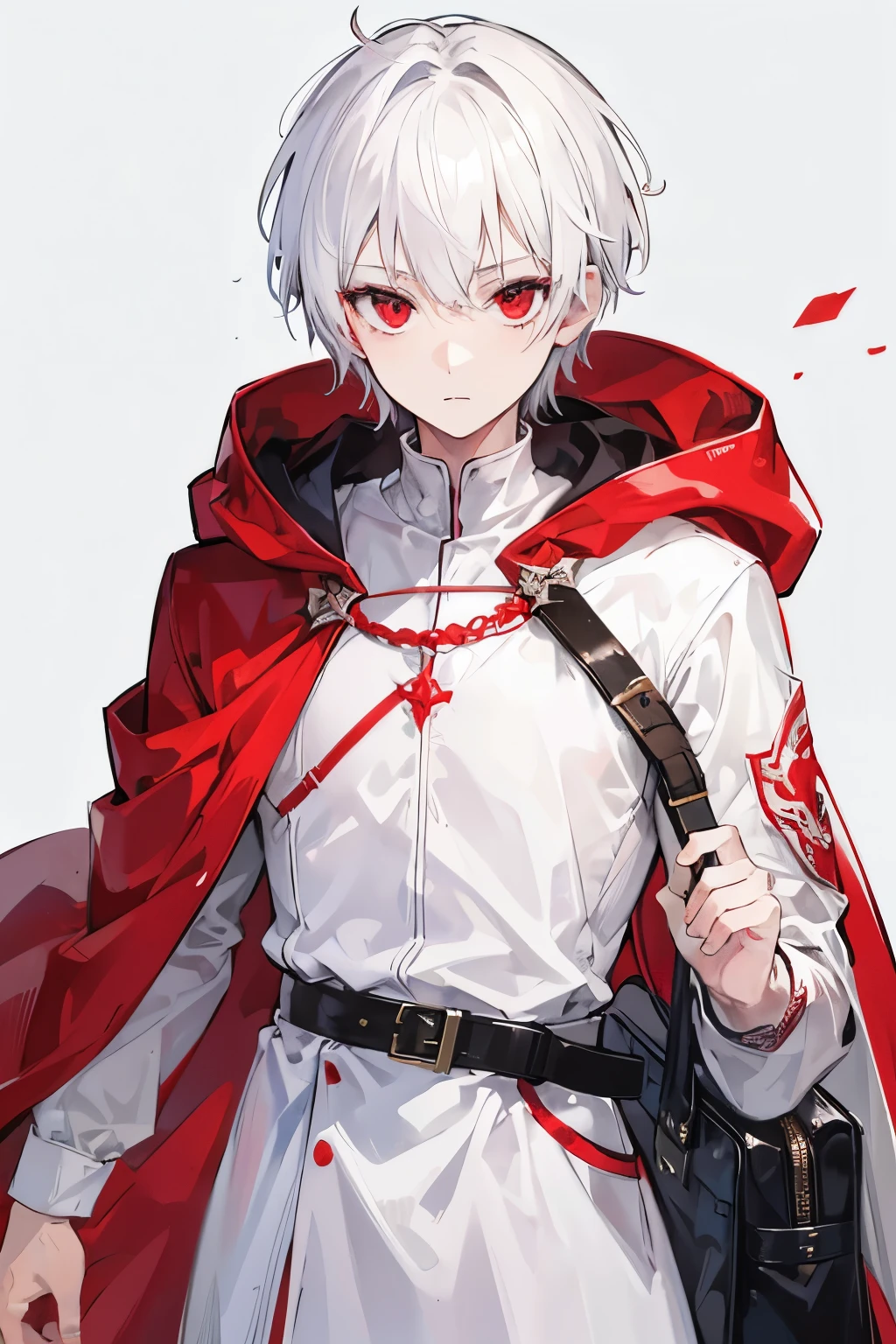 1 guy, short haircut, White hair, young, in a cape, with a hood, Red eyes, sword on belt, put on bag