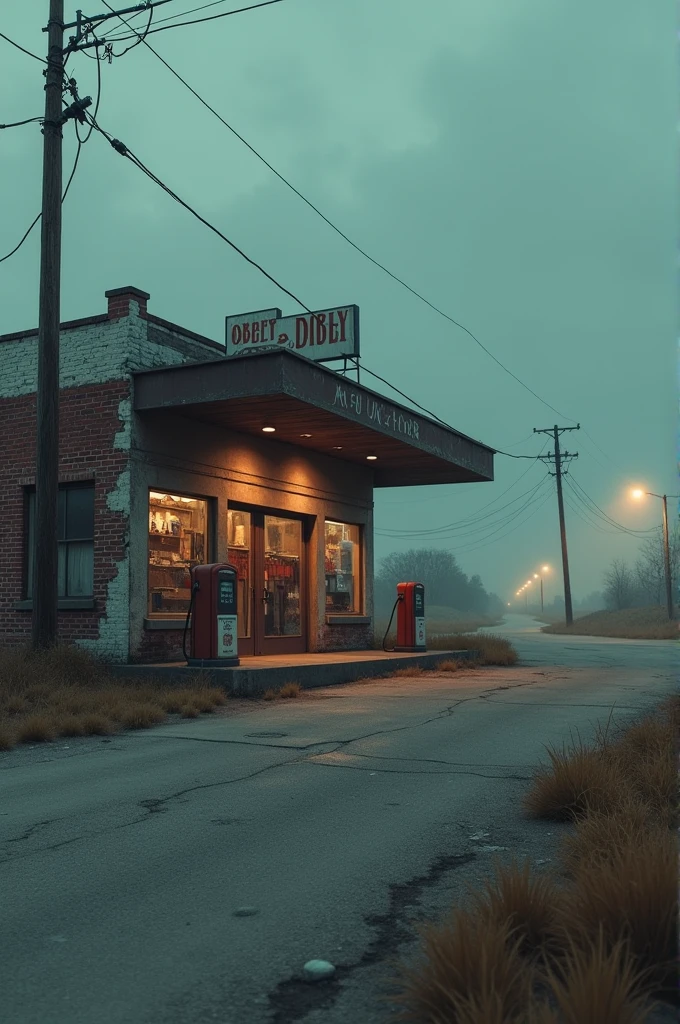 "A run-down gas station on the edge of town 