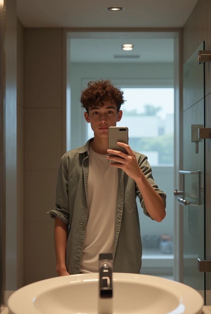 A 16 yo boy taking a selfie in a modern bathroom