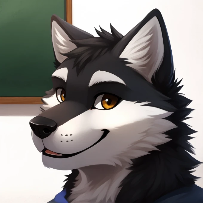 male,wolf, cute, happy, Embody, Grey and black board, White background, head shot, High quality