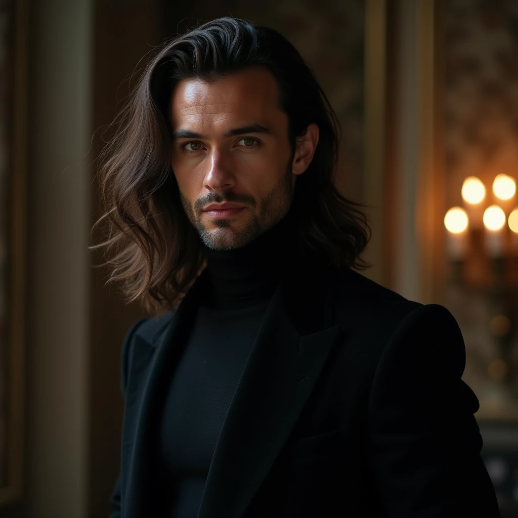 imagine a perfectly attractive 40 year old man. with a hypnotic beauty. a beauty that mixes Nordic with black man with flowing hair on the shoulder with an elegant black outfit in a setting of enchanted atmosphere