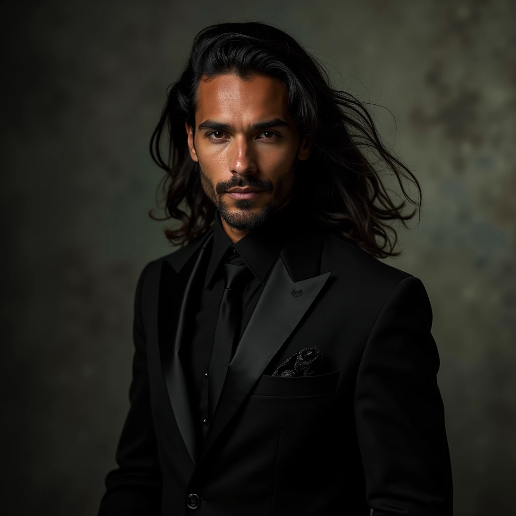 imagine a perfectly attractive 40 year old man. with a hypnotic beauty. a beauty that mixes Nordic with black man with flowing hair on the shoulder with an elegant black outfit in a setting of enchanted atmosphere