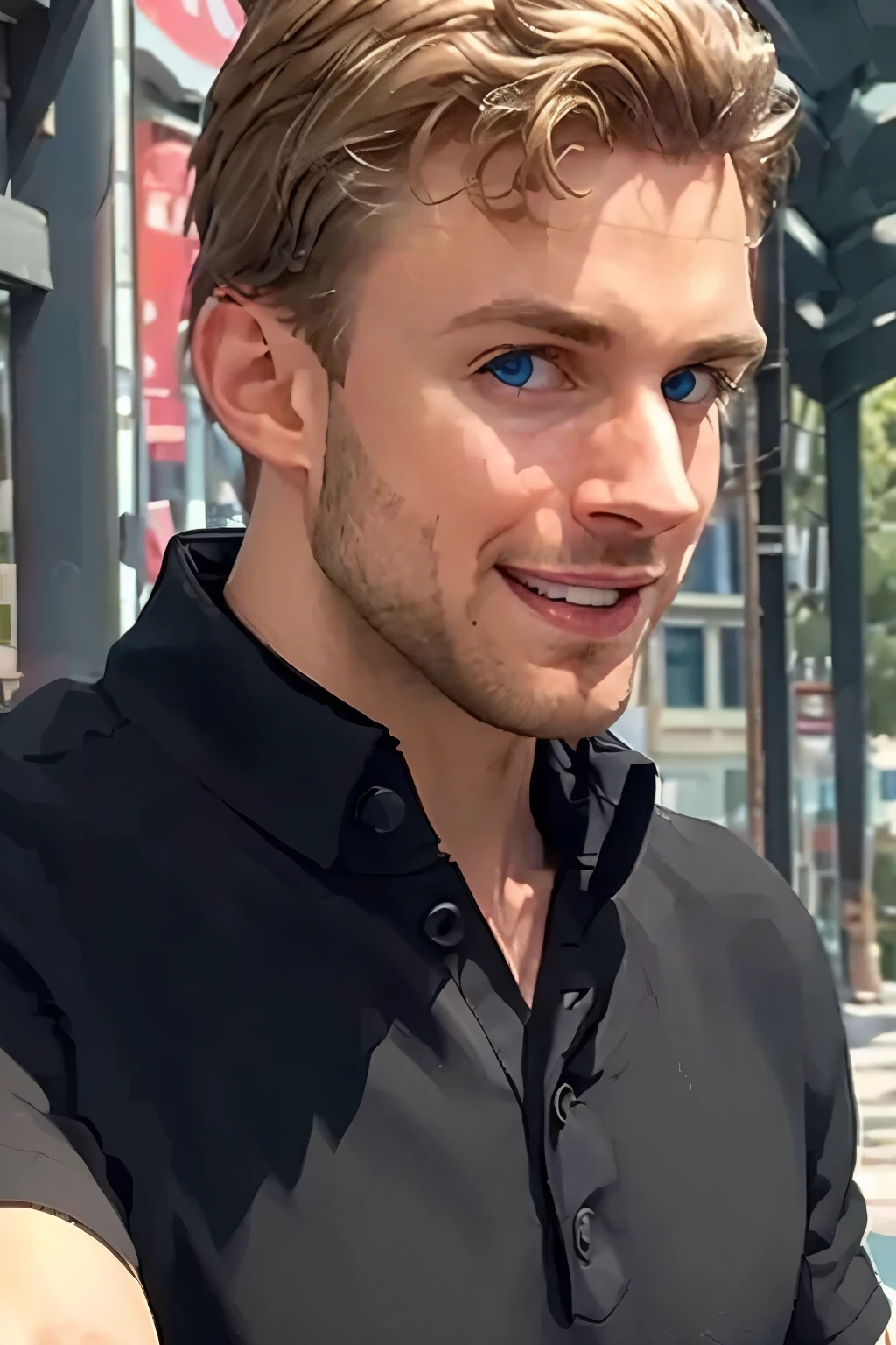 michaelanton, masterpiece, best quality, realistic, photorealistic, highly detailed face, closeup on face, 1boy, 25 year-old male, blond hair, very short hair, high hairline, high forehead, handsome, blue eyes, high cheekbones, strong jaw, large chin, smile, stubble, black polo shirt, thin, background is a city street on a summer day