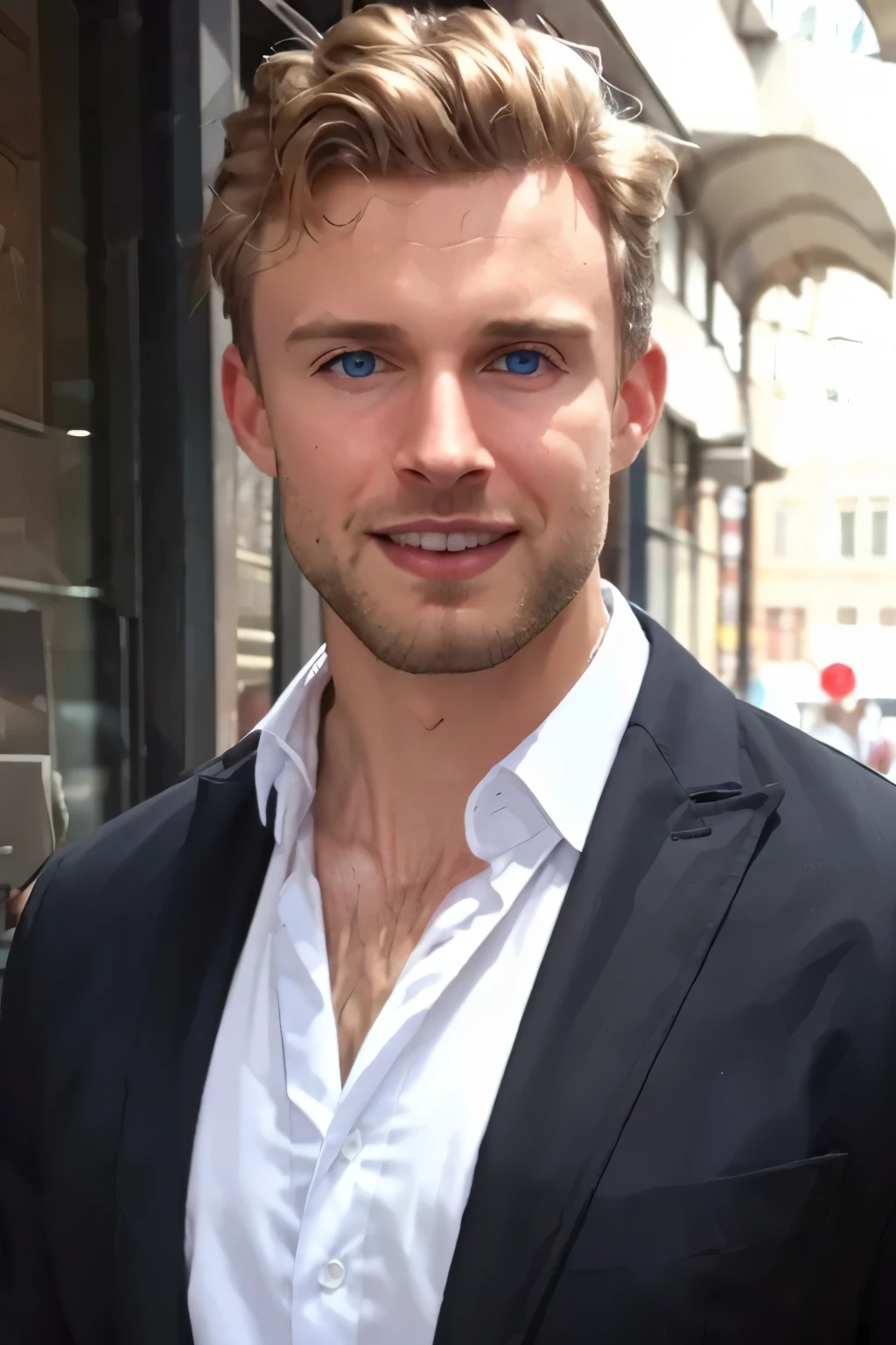 michaelanton, masterpiece, best quality, realistic, photorealistic, highly detailed face, closeup on face, 1boy, 25 year-old male, blond hair, very short hair, high hairline, high forehead, handsome, blue eyes, high cheekbones, strong jaw, large chin, smile, stubble, white button-up shirt, black suit jacket, thin, background is a city street on a summer day