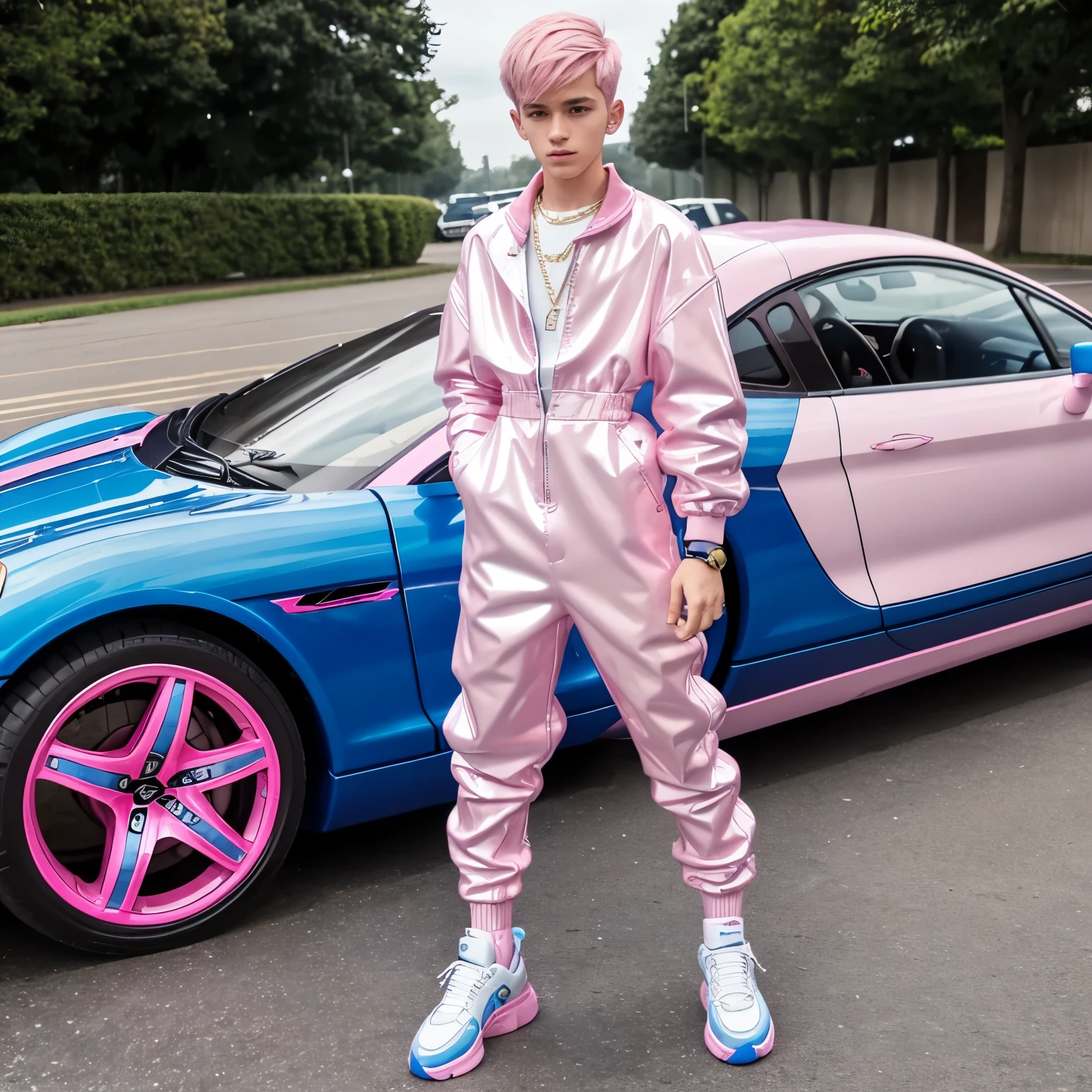 full view full body, one white european skinny kid with hyper styled short undercut light-brown haircut, wearing pink and blue latex jumpsuit that says “I like boys”, Balenciaga triple s pink chunky sneakers, white latex socks, dozens of gay styled rings, necklaces, bracelets, standing front very preppy style College exit