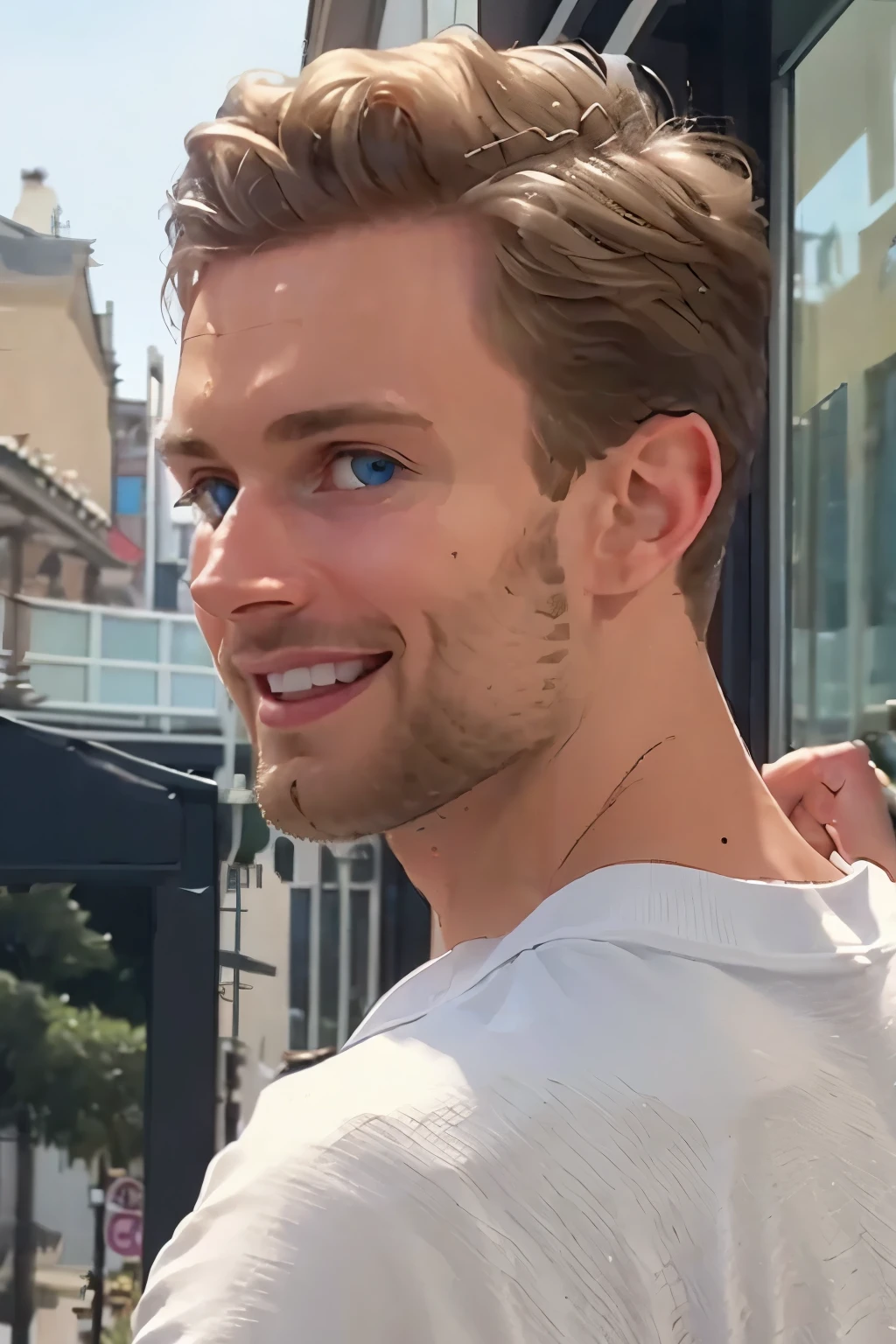 michaelanton, masterpiece, best quality, realistic, photorealistic, highly detailed face, closeup on face, 1boy, 25 year-old male, blond hair, very short hair, high hairline, high forehead, handsome, blue eyes, high cheekbones, strong jaw, large chin, smile, stubble, white t-shirt, thin, background is a city street on a summer day