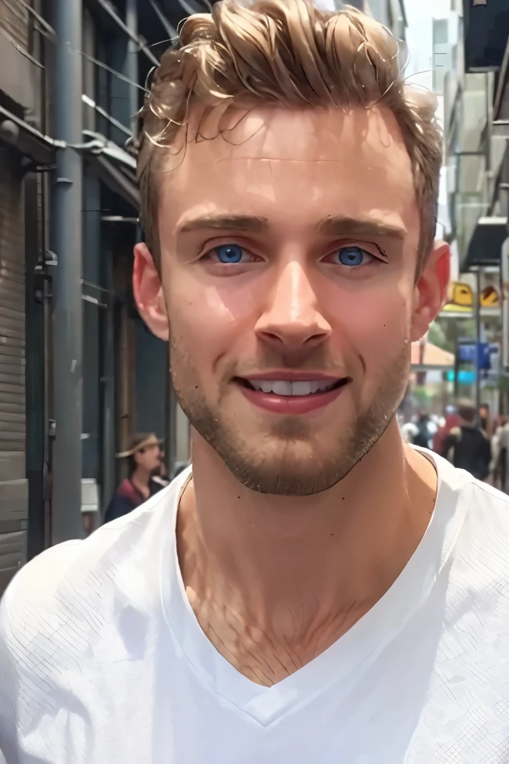 michaelanton, masterpiece, best quality, realistic, photorealistic, highly detailed face, closeup on face, 1boy, 25 year-old male, blond hair, very short hair, high hairline, high forehead, handsome, blue eyes, high cheekbones, strong jaw, large chin, smile, stubble, white t-shirt, thin, background is a city street on a summer day