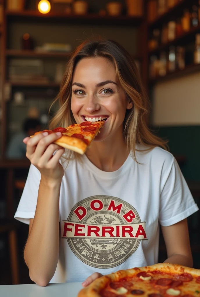 create the image of a happy woman wearing the DOM FERREIRA shirt, eating a slice of pizza