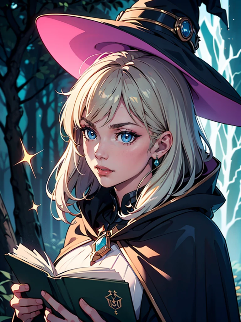 Futuristic robot witch in the enchanted forest、(witch's hat)、cybernetic enhancement、(mechanical limbic texture、cloak，Portrait du haut du corps，Create a mysterious and enchanting atmosphere，Symboles et runes scintillants、Sparkling Magic Gems、sparkling magic book、haze、strong color palette，（best quality，4K，8k，head of&#39;artwork：1.2），ultra-detailed，（realistic，照片realistic，Les photos sont réelles：1.37），HDR，ultra high definition，studio lighting，super fine paint，concentration claire，physical rendering，extremely detailed description，majeur，Couleurs vives