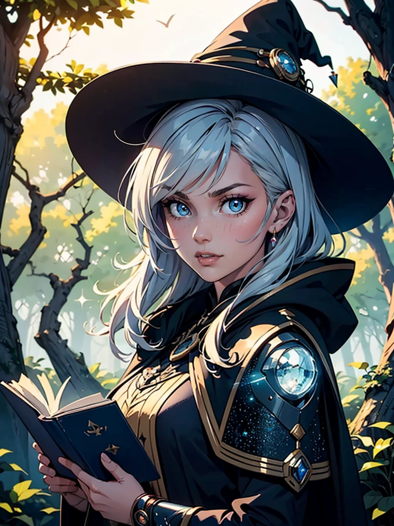 Futuristic robot witch in the enchanted forest、(witch's hat)、cybernetic enhancement、(mechanical limbic texture、cloak,Portrait du haut du corps,Create a mysterious and enchanting atmosphere,Symboles et runes scintillants、Sparkling Magic Gems、sparkling magic book、haze、strong color palette,(best quality,4K,8k,head of'artwork:1.2),ultra-detailed,(realistic,照片realistic,Les photos sont réelles:1.37),HDR,ultra high definition,studio lighting,super fine paint,concentration claire,physical rendering,extremely detailed description,majeur,Couleurs vives