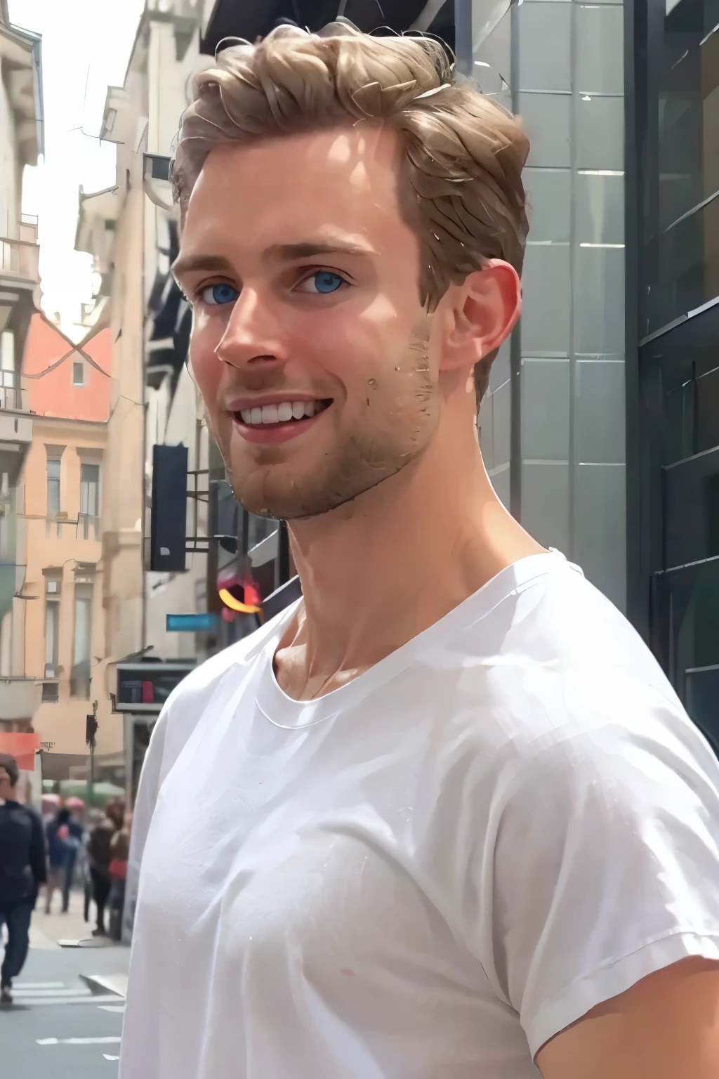 michaelanton, masterpiece, best quality, realistic, photorealistic, highly detailed face, closeup on face, 1boy, 25 year-old male, blond hair, very short hair, high hairline, high forehead, handsome, blue eyes, high cheekbones, strong jaw, large chin, smile, stubble, white t-shirt, thin, background is a city street on a summer day