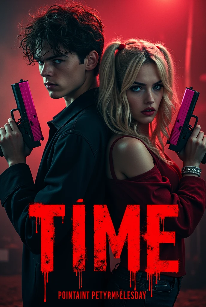A cover for wattpad,Let it be inspired by a half-shady circus with a guy who looks like Cameron Monaghan and a pretty girl.,that they look like psychopaths and that there is blood,that have weapons,the girl with a bright pink gun,The story is called time, could you put the title with cool red and black letters?,and the cover doesn&#39;t say wattpad,that the boy looked like Jerome Valeska and the girl like Harley Queen but pink,who are between 15 and 17 years old