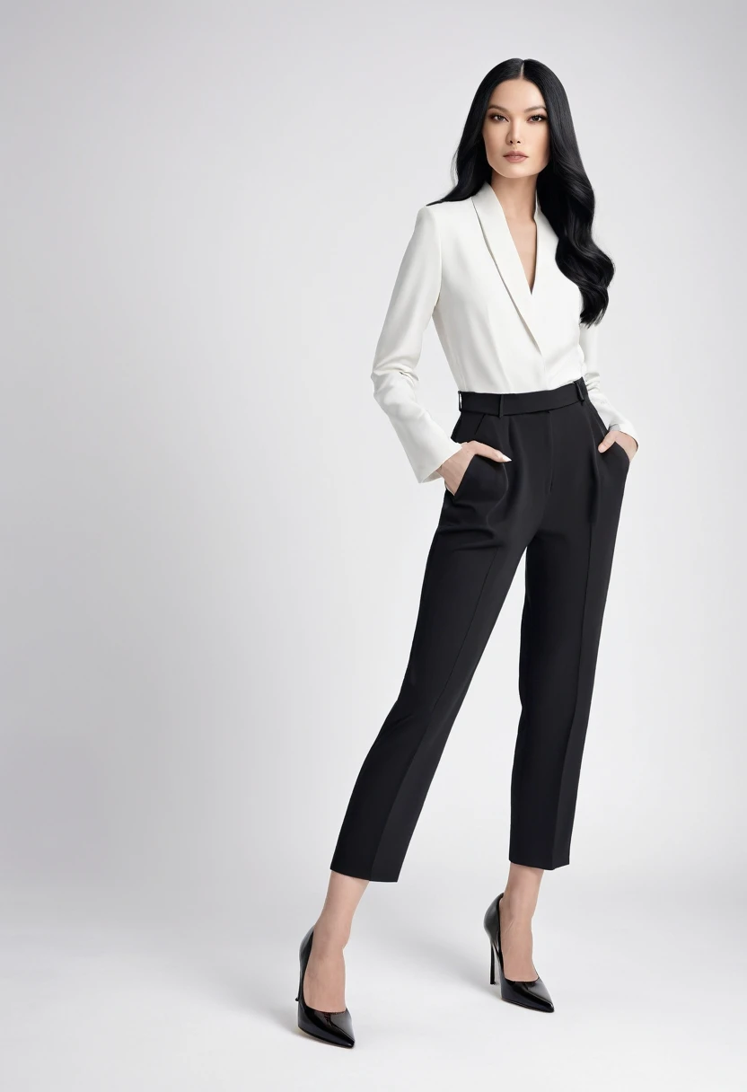 A white-skinned woman with long, flowing black hair, standing confidently in a stylized fashion studio. She is wearing a sleek, elegant outfit, perfectly tailored, and paired with glossy black scarpin shoes. The professional lighting highlights the contours of her outfit, casting soft shadows that enhance the overall visual depth. The studio is clean, with a minimalist design, ensuring all focus is on the model and her attire. (scarpin shoes:1.3), (professional lighting:1.5), (outfit details:1.2), (sharp focus:1.3), (clean studio:1.1), (minimalist design:1.1)