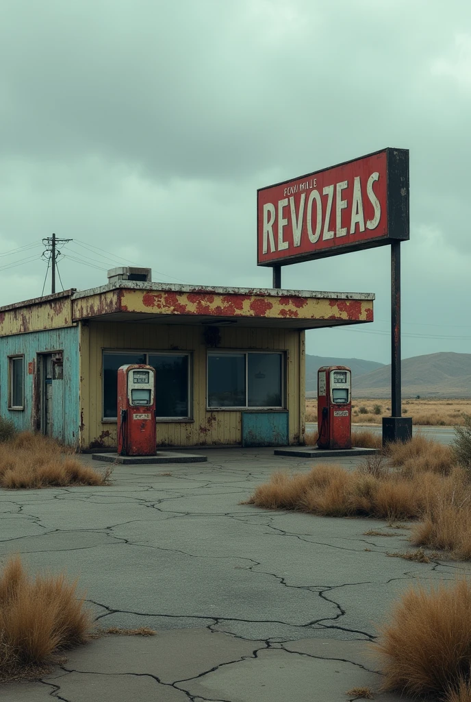 "A run-down gas station on the edge of town