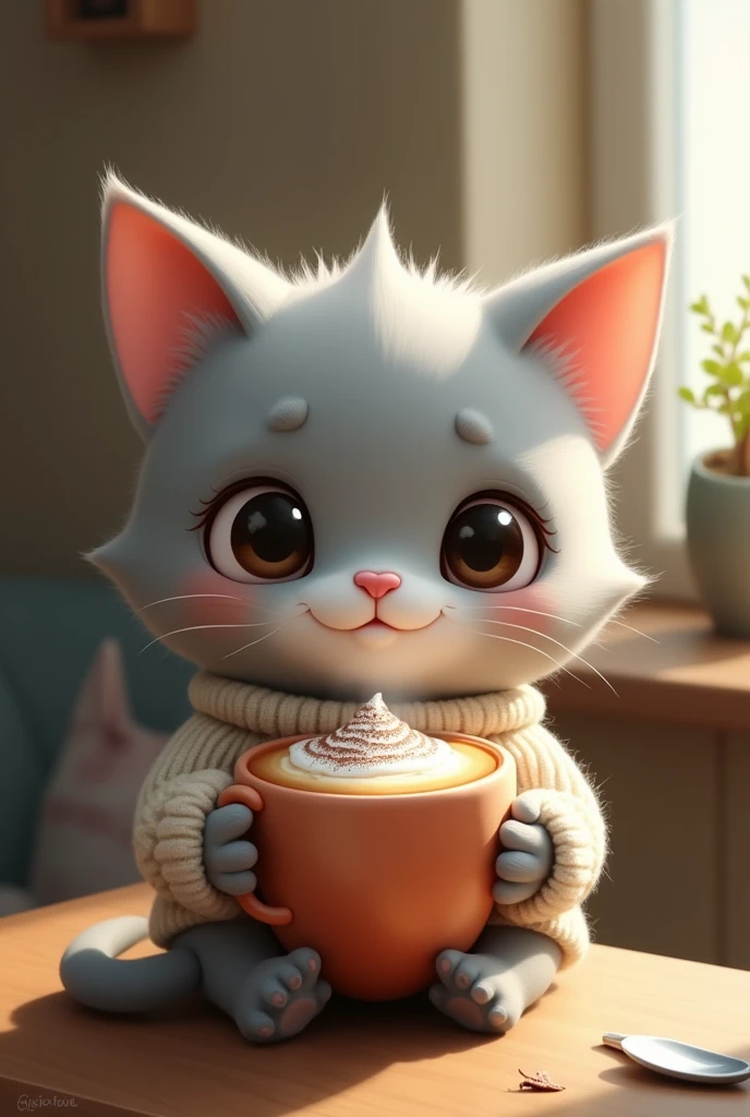 Chibi doll with gray cat head holding cat-shaped cappuccino