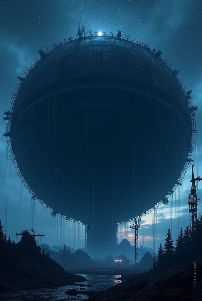 Generates an image of a giant structure under construction that is STARTING completely from scratch.in the form of a huge sphere in the night sky