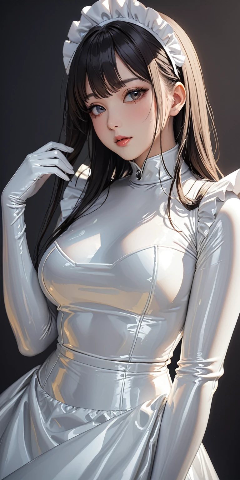 Portraiture、(masterpiece,Highest quality,Ultra-high resolution),Japanese women, (((Very beautiful 25 year old girl))),(White latex maid outfit)、(White latex long skirt)、(A long-sleeved white latex shirt covering the upper body)、White latex long gloves、White latex socks、Latex bodysuit、The clothes fit snugly to the body、Latex is very shiny、Dark Room、