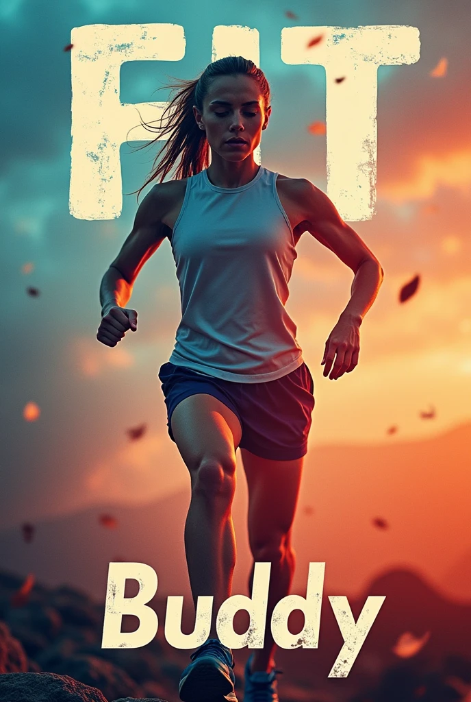 Letter Poster, /(FIT Buddy/) Character, Aesthetically outdoor sports contrasts are layered on the background, The dawn of a new era of image generation, In the image (text:”FIT Buddy”) The word,