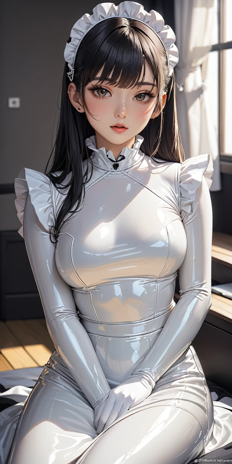 Portrait、(masterpiece,Highest quality,Ultra-high resolution),Japanese women, (((Very beautiful 25 year old girl))),(White latex maid outfit)、(White latex long skirt)、(A white latex long-sleeved shirt covering the upper body)、white latex long gloves、White latex socks、Latex bodysuit、The clothes fit snugly to the body、Latex is very shiny、Dark Room、