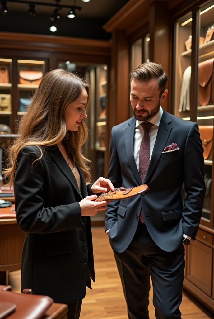 Inside a boutique with elegant displays of handcrafted leather goods. A woman in her thirties is showing a selection of items to a well-dressed man. The atmosphere is upscale, with a warm and inviting ambiance