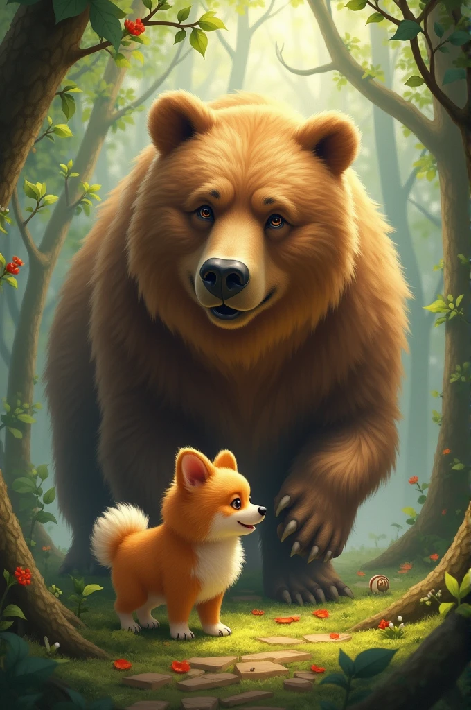 An image of an bear and a Pomeranian dog