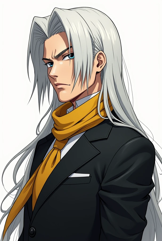 Chrollo Lucifer from Hunter X Hunter, with white hair (hair with the same hairstyle as Chrollo Lucifer) and dark blue eyes , make him with a neutral face, make the drawing in manga style, make him in a sideways pose, don't forget to make his eyes a very dark blue , and the outfit with an elegant black suit closed and a yellow scarf.