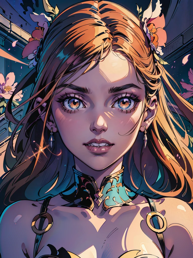 official art, unity 8k wallpaper, ultra detailed, beautiful and aesthetic, beautiful, masterpiece, best quality, (ecstasy of flower:1.2), dynamic angle, the most beautiful form, elegant, a brutalist designed, vivid colours, romanticism, atmospheric, warm smile, bright eyes detailed eyes, thick line art, dream scape, stairs to heaven