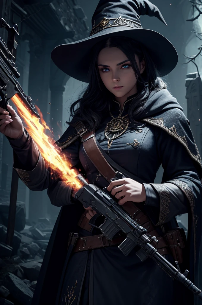 (Highly detailed 8K wallpapers), Medium shot of Loline Necromancer, particle lighting, Attention to detail, dramatic, Rifle in hand, Clean background, Wearing a wizard's hat, Removed weapons from the top of the background