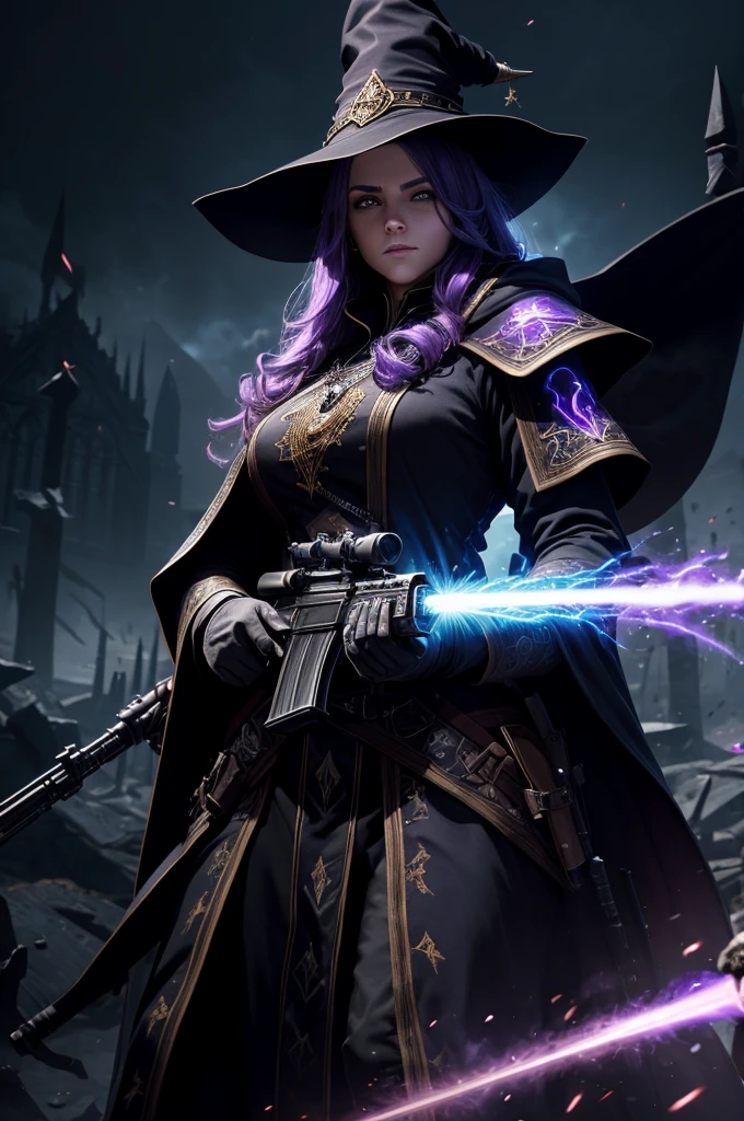 (Highly detailed 8K wallpapers), Medium shot of Loline Necromancer, particle lighting, Attention to detail, dramatic, Rifle in hand, Clean background, Wearing a wizard's hat, Removed weapons from the top of the background