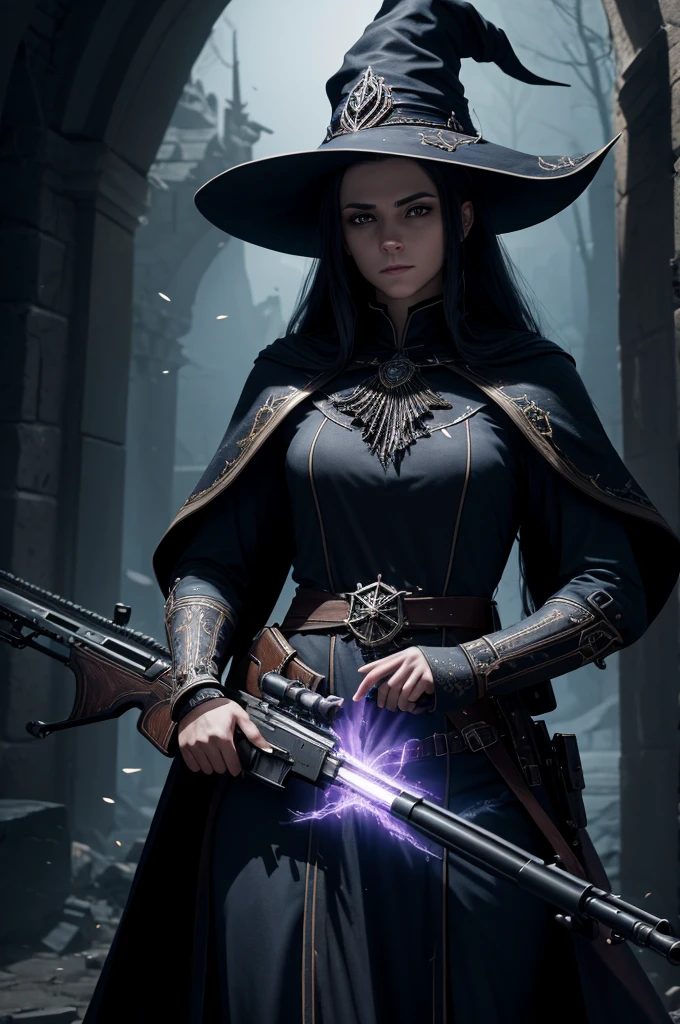 (Highly detailed 8K wallpapers), Medium shot of Loline Necromancer, particle lighting, Attention to detail, dramatic, Rifle in hand, Clean background, Wearing a wizard's hat, Removed weapons from the top of the background